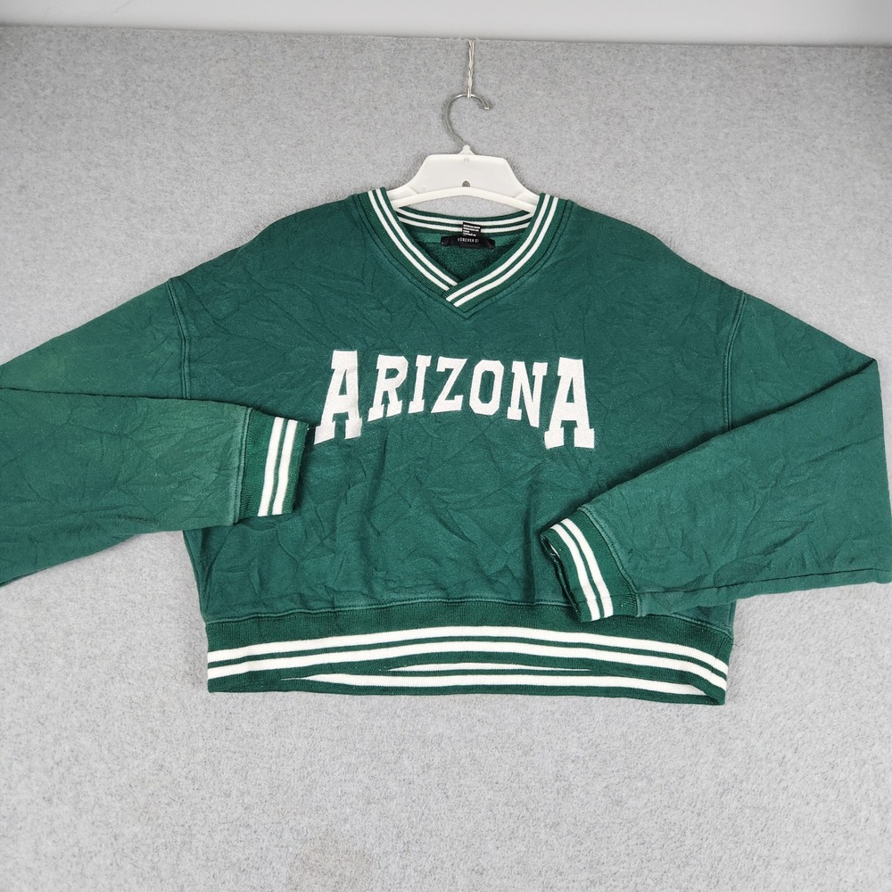 Forever 21 Arizona Cropped Sweatshirt Womens Small Green Fleece Lined V-Neck